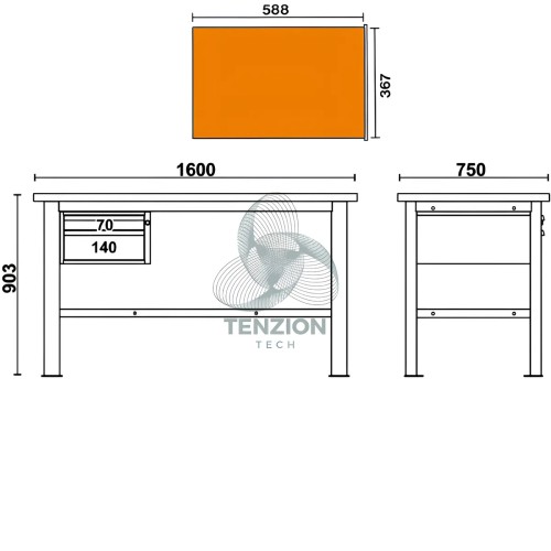 Banco Da Lavoro Piano In Legno 2 Cassetti 1,6m