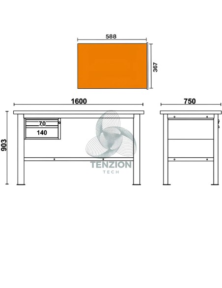 Banco Da Lavoro Piano In Legno 2 Cassetti 1,6m