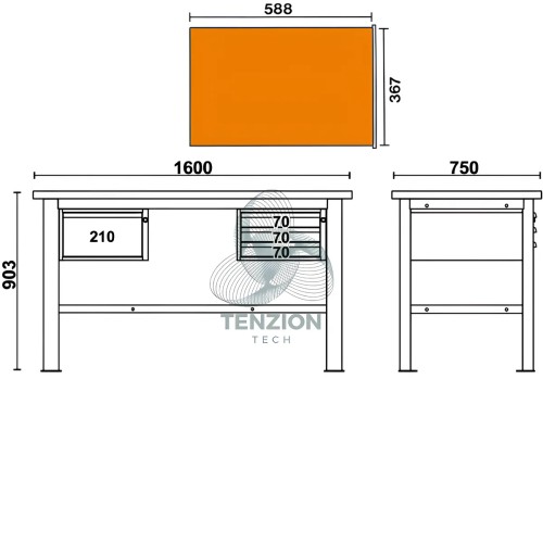 Banco Da Lavoro Piano In Legno 4 Cassetti 1,6m