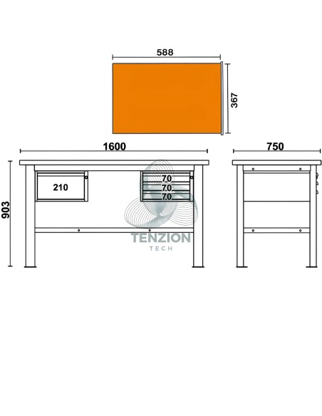 Banco Da Lavoro Piano In Legno 4 Cassetti 1,6m