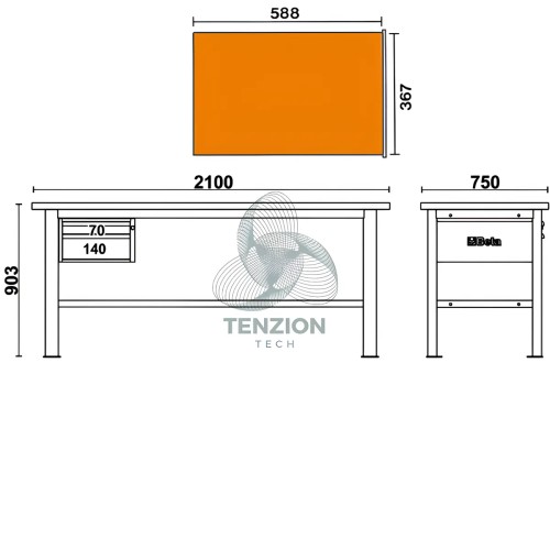 Banco Da Lavoro Piano In Legno 2 Cassetti 2,1m