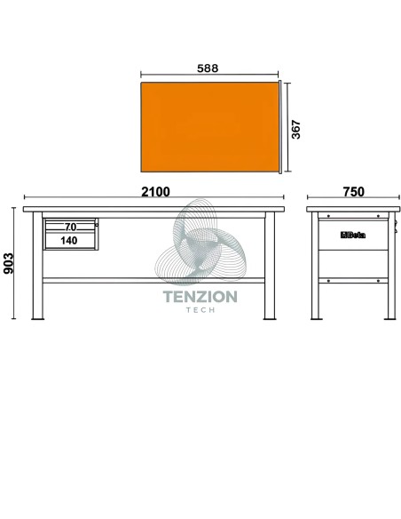 Banco Da Lavoro Piano In Legno 2 Cassetti 2,1m