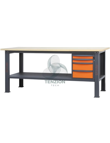 Banco Da Lavoro Piano In Legno 4 Cassetti 2,1m