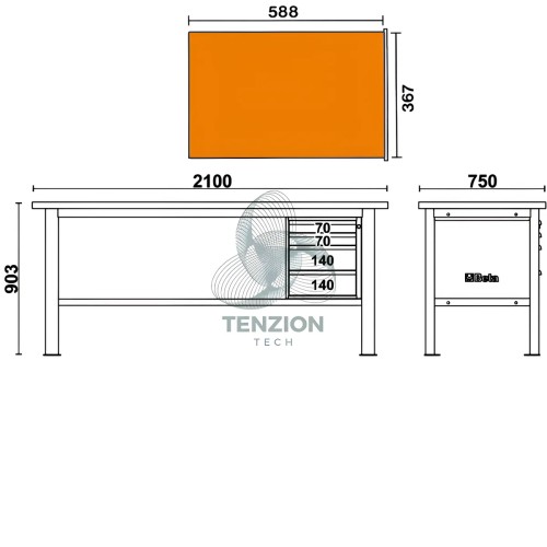 Banco Da Lavoro Piano In Legno 4 Cassetti 2,1m