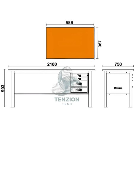 Banco Da Lavoro Piano In Legno 4 Cassetti 2,1m