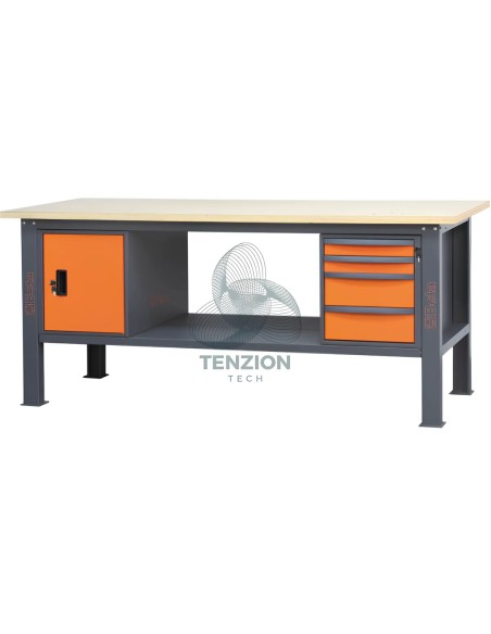 Banco Da Lavoro Piano In Legno 4 Cassetti Modulo Anta 2,1m