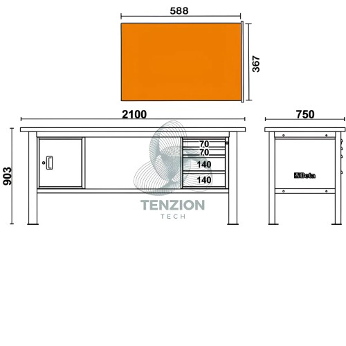 Banco Da Lavoro Piano In Legno 4 Cassetti Modulo Anta 2,1m