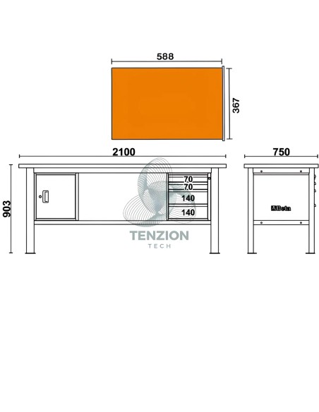 Banco Da Lavoro Piano In Legno 4 Cassetti Modulo Anta 2,1m
