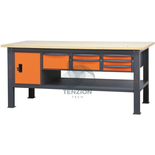 Banco Da Lavoro Piano In Legno 6 Cassetti Modulo Anta 2,1m