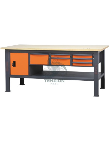Banco Da Lavoro Piano In Legno 6 Cassetti Modulo Anta 2,1m