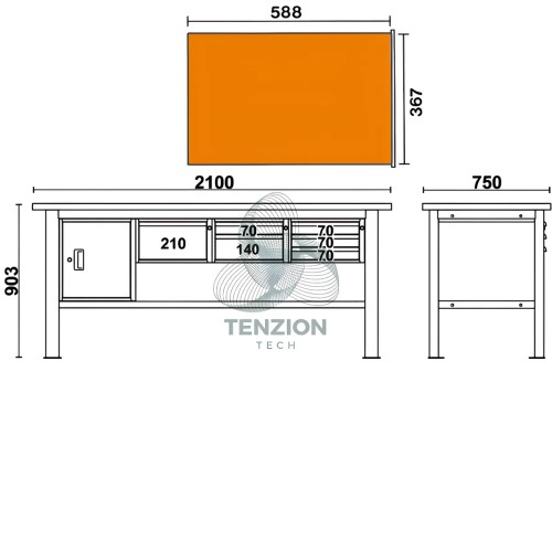 Banco Da Lavoro Piano In Legno 6 Cassetti Modulo Anta 2,1m