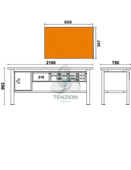 Banco Da Lavoro Piano In Legno 6 Cassetti Modulo Anta 2,1m