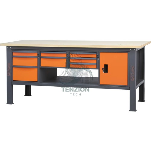 Banco Da Lavoro Piano In Legno 8 Cassetti Modulo Anta 2,1m
