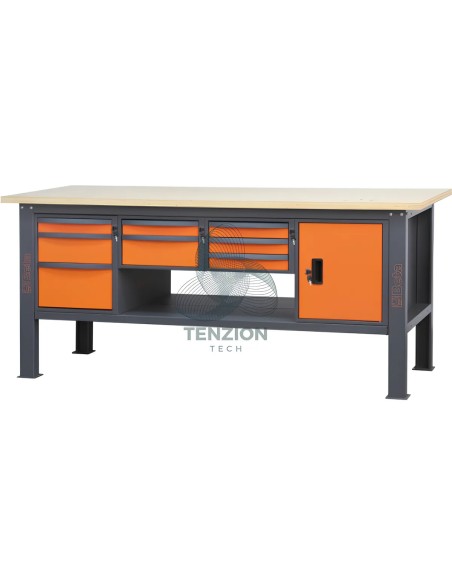 Banco Da Lavoro Piano In Legno 8 Cassetti Modulo Anta 2,1m