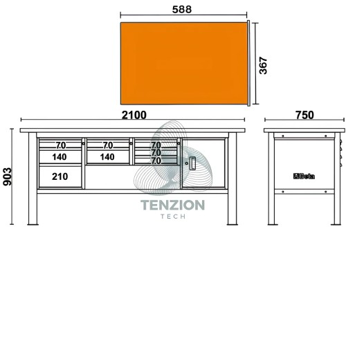 Banco Da Lavoro Piano In Legno 8 Cassetti Modulo Anta 2,1m