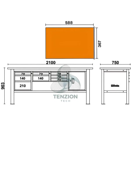 Banco Da Lavoro Piano In Legno 8 Cassetti Modulo Anta 2,1m