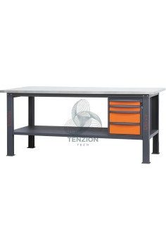 Banco Da Lavoro Piano MDF Rivestito Acciaio Inox 4 Cassetti 2,1m