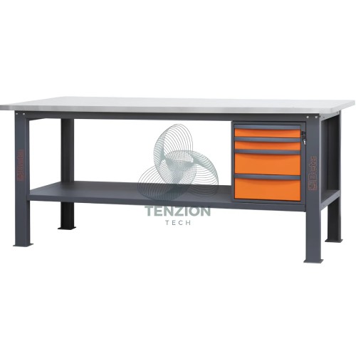 Banco Da Lavoro Piano MDF Rivestito Acciaio Inox 4 Cassetti 2,1m