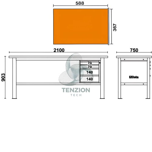 Banco Da Lavoro Piano MDF Rivestito Acciaio Inox 4 Cassetti 2,1m