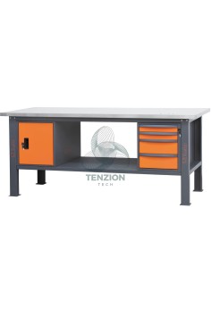 Banco Da Lavoro Piano MDF Rivestito Acciaio Inox 4 Cassetti Modulo Anta 2,1m