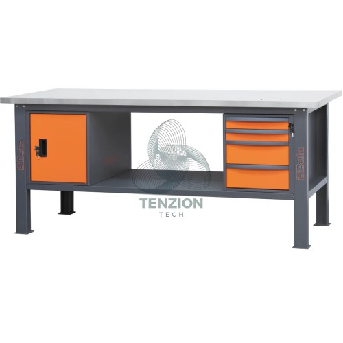Banco Da Lavoro Piano MDF Rivestito Acciaio Inox 4 Cassetti Modulo Anta 2,1m
