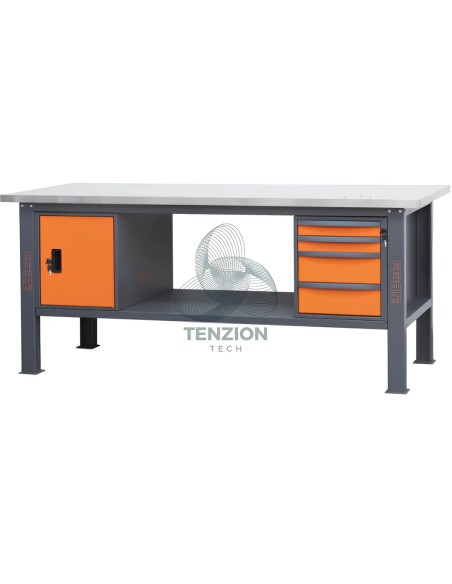 Banco Da Lavoro Piano MDF Rivestito Acciaio Inox 4 Cassetti Modulo Anta 2,1m