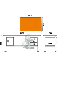 Banco Da Lavoro Piano MDF Rivestito Acciaio Inox 4 Cassetti Modulo Anta 2,1m 2