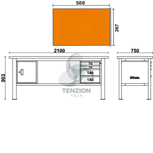 Banco Da Lavoro Piano MDF Rivestito Acciaio Inox 4 Cassetti Modulo Anta 2,1m