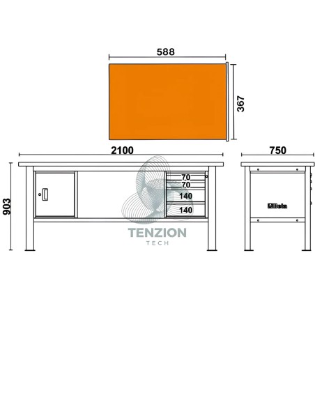Banco Da Lavoro Piano MDF Rivestito Acciaio Inox 4 Cassetti Modulo Anta 2,1m
