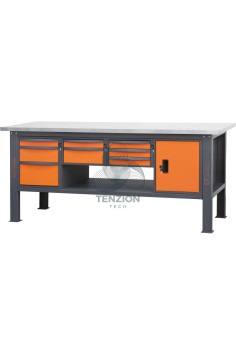 Banco Da Lavoro Piano MDF Rivestito Acciaio Inox 8 Cassetti Modulo Anta 2,1m