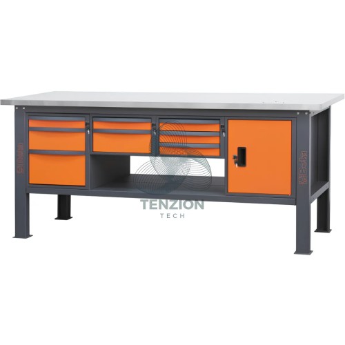 Banco Da Lavoro Piano MDF Rivestito Acciaio Inox 8 Cassetti Modulo Anta 2,1m