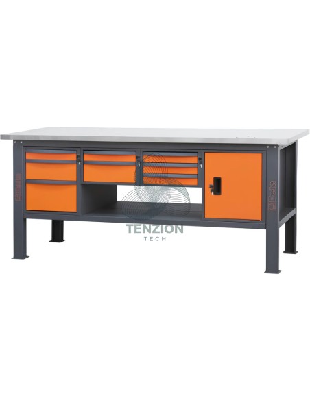 Banco Da Lavoro Piano MDF Rivestito Acciaio Inox 8 Cassetti Modulo Anta 2,1m