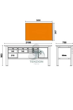 Banco Da Lavoro Piano MDF Rivestito Acciaio Inox 8 Cassetti Modulo Anta 2,1m 2