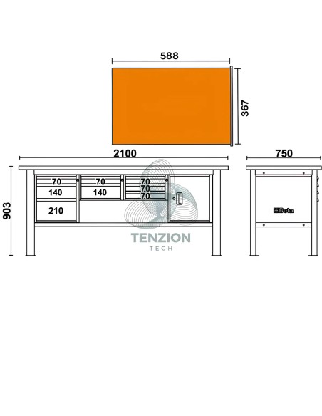 Banco Da Lavoro Piano MDF Rivestito Acciaio Inox 8 Cassetti Modulo Anta 2,1m