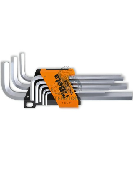 Set 8 Chiavi Maschio Esagonale Piegate Cromate Tipo Lungo 2-10mm Con Supporto