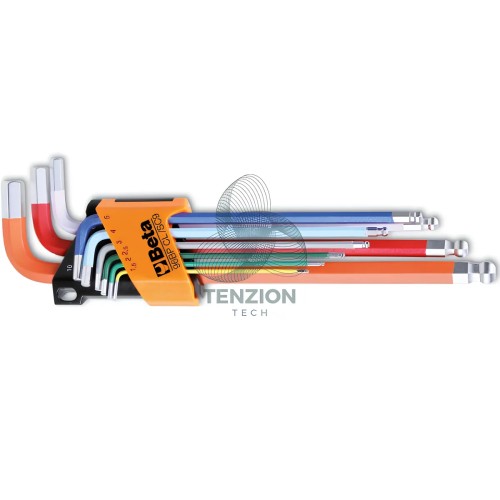 Set 9 Chiavi Maschio Esagonale Piegate Con Estremità Sferica Cromate Colorate 1,5-10mm Con Supporto