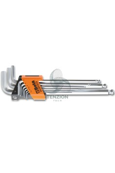Set 9 Chiavi Maschio Esagonale Piegate Con Estremità Sferica Modello Extralungo Cromate 1,5-10mm Con Supporto
