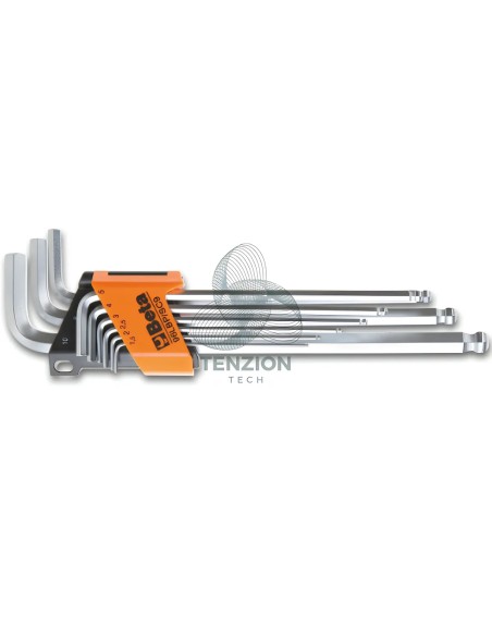 Set 9 Chiavi Maschio Esagonale Piegate Con Estremità Sferica Modello Extralungo Cromate 1,5-10mm Con Supporto