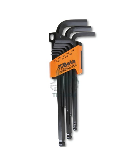 Set 9 Chiavi Maschio Esagonale Piegate Con Estremità Sferica Brunite 1/16"-3/8" Con Supporto