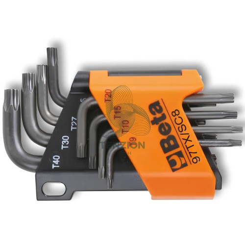 Set 8 Chiavi Maschio Piegate Per Viti Con Impronta Torx Brunite T9-T40 Con Supporto
