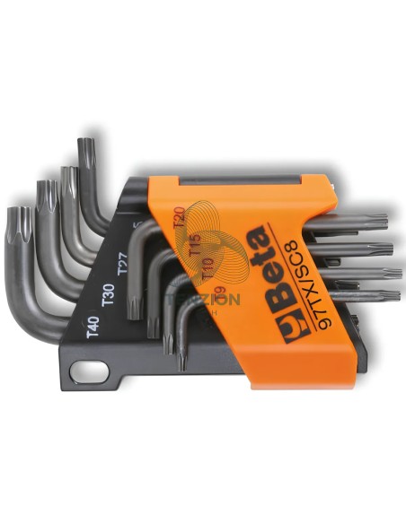 Set 8 Chiavi Maschio Piegate Per Viti Con Impronta Torx Brunite T9-T40 Con Supporto