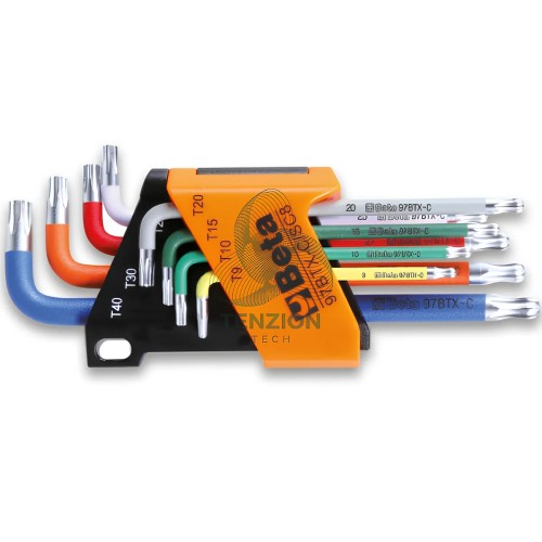 Set 8 Chiavi Maschio Piegate Colorate Con Estremità Sferica Per Viti Con Impronta Torx T9-T40 Con Supporto