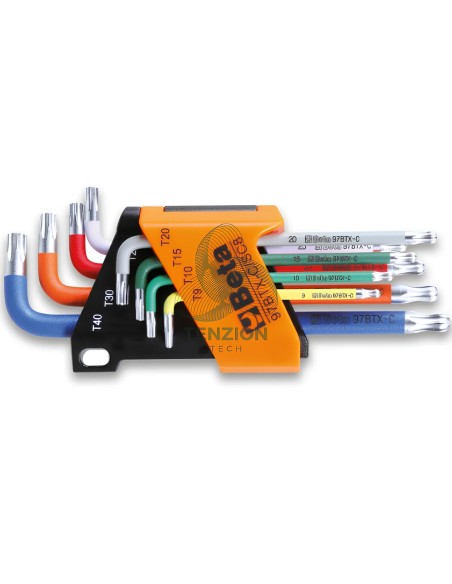 Set 8 Chiavi Maschio Piegate Colorate Con Estremità Sferica Per Viti Con Impronta Torx T9-T40 Con Supporto