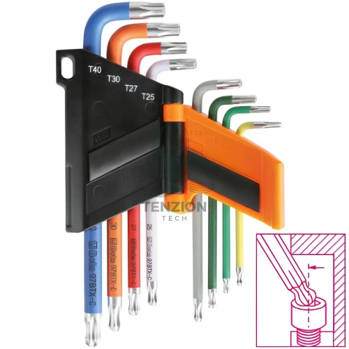 Set 8 Chiavi Maschio Piegate Colorate Con Estremità Sferica Per Viti Con Impronta Torx T9-T40 Con Supporto