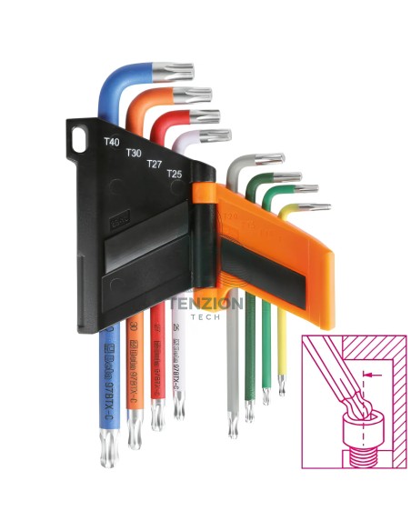 Set 8 Chiavi Maschio Piegate Colorate Con Estremità Sferica Per Viti Con Impronta Torx T9-T40 Con Supporto