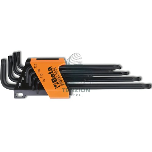 Set 8 Chiavi Maschio Piegate Con Estremità Sferica Modello Lungo Per Viti Con Impronta Torx T9-T40 Con Supporto