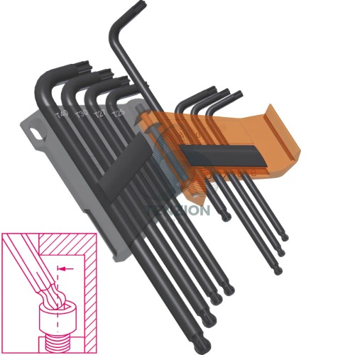 Set 8 Chiavi Maschio Piegate Con Estremità Sferica Modello Lungo Per Viti Con Impronta Torx T9-T40 Con Supporto