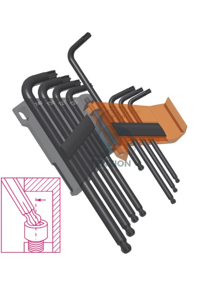Set 8 Chiavi Maschio Piegate Con Estremità Sferica Modello Lungo Per Viti Con Impronta Torx T9-T40 Con Supporto