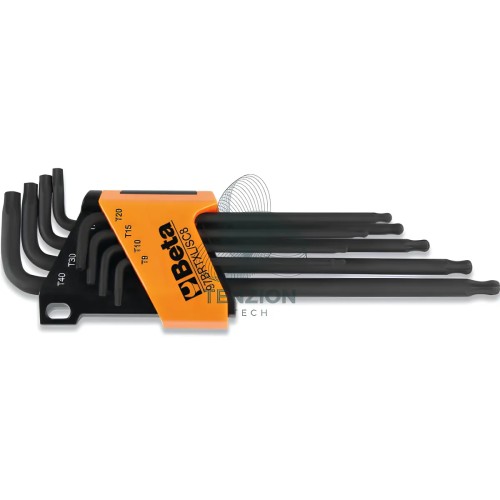 Set 8 Chiavi Maschio Piegate Con Estremità Sferica Modello Lungo Per Viti Con Impronta Tamper Resistant Torx T9-T40 Con Supporto