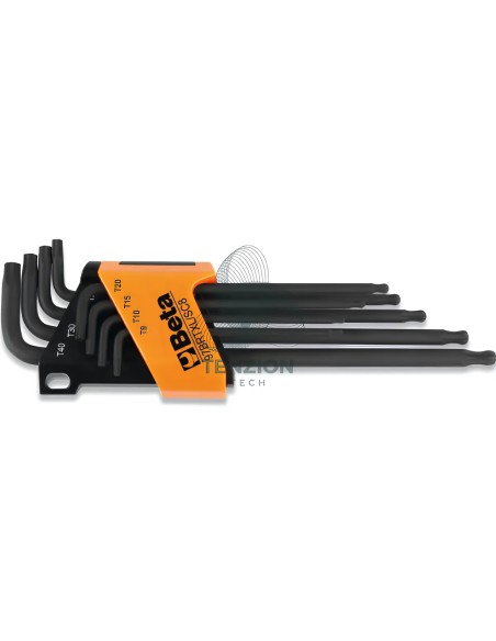 Set 8 Chiavi Maschio Piegate Con Estremità Sferica Modello Lungo Per Viti Con Impronta Tamper Resistant Torx T9-T40 Con Supporto